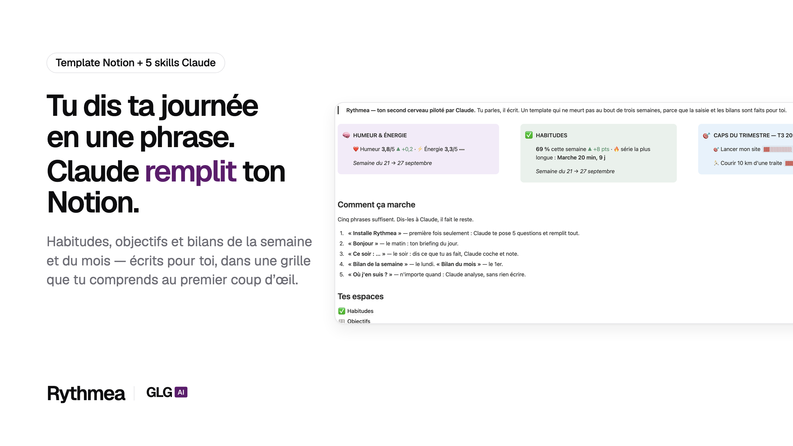 Page d’accueil du template Rythmea dans Notion