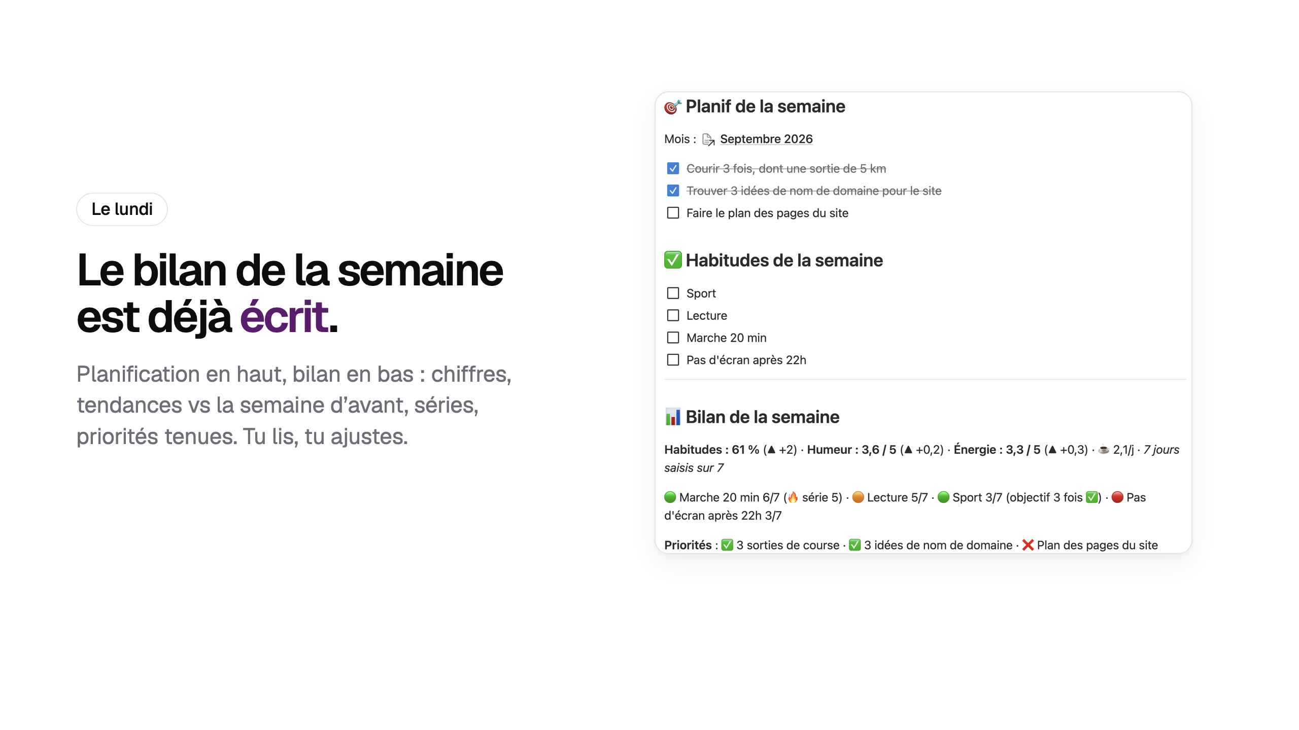 Le bilan de la semaine écrit par Claude dans Notion